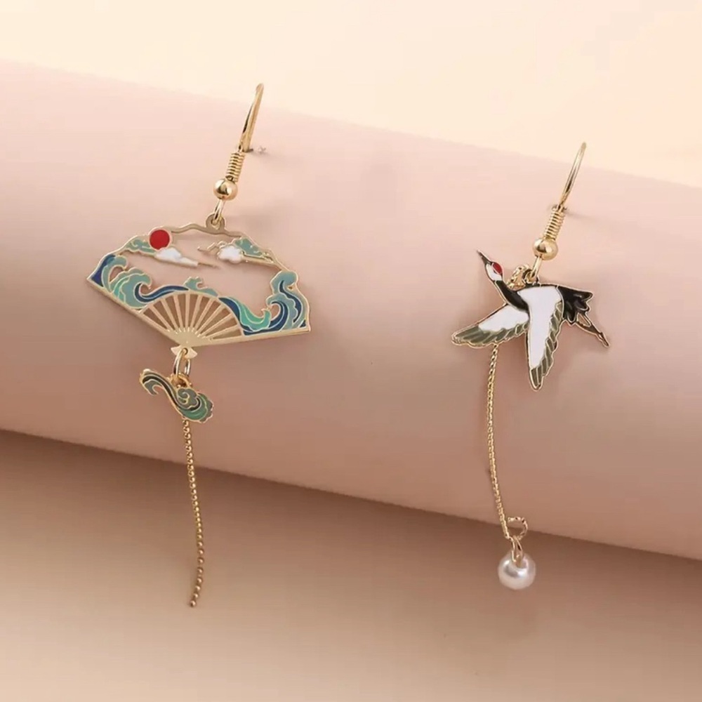 Elegant Gold and Blue Fan and Bird Earrings